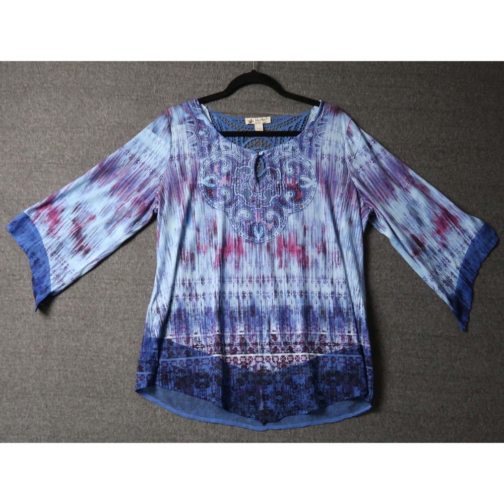 Womens Unity World Wear Top Size XL Multi Colors Crochet 3/4 Sleeve Hippie Y2K